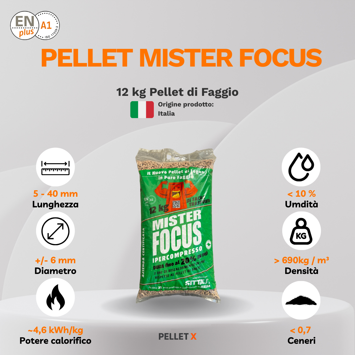 MISTER FOCUS – Pellet 12 kg, 100% Faggio, ENplus A1 - Bancale intero 70 sacchi