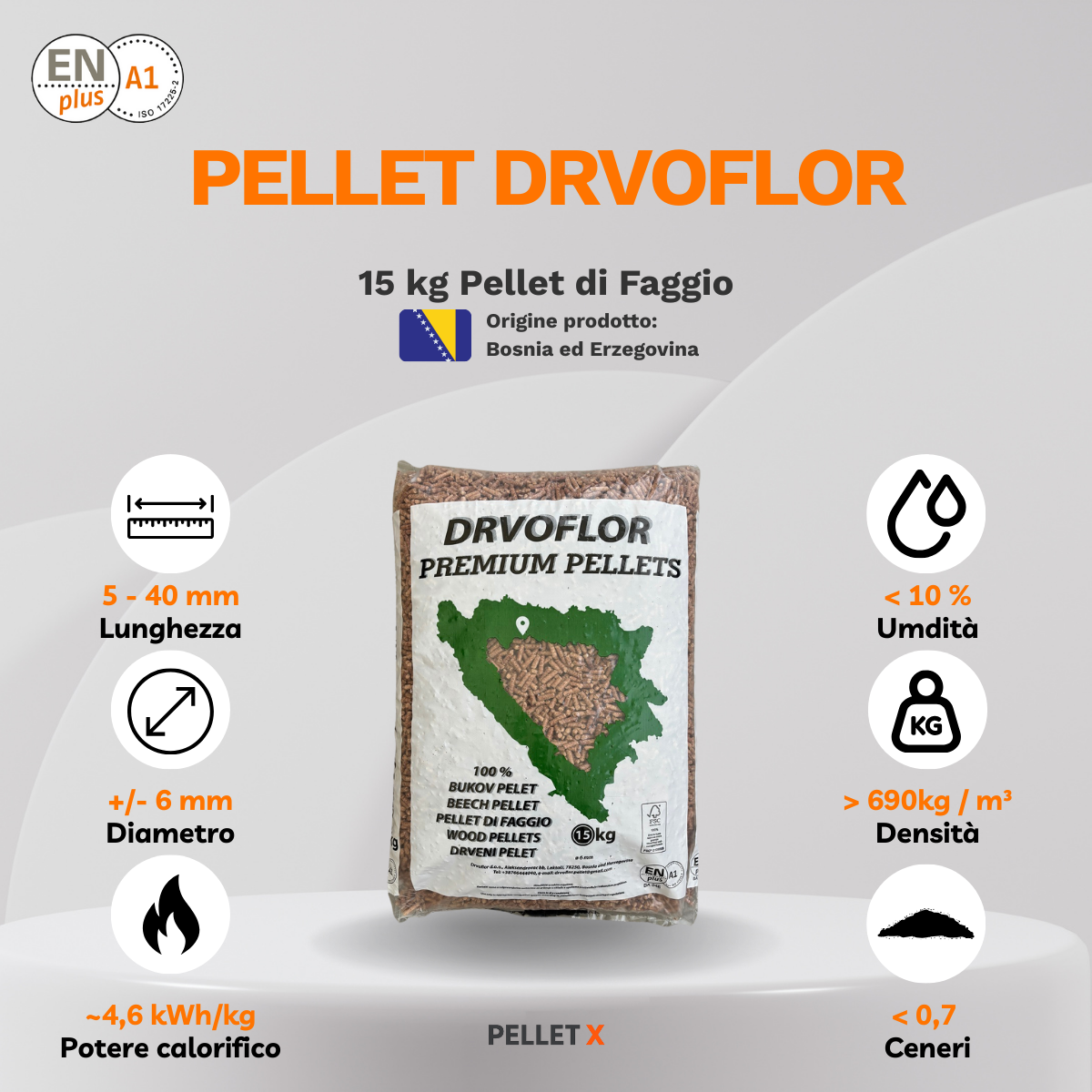 DRVOFLOR – Pellet 15 kg, 100% Faggio, ENplus A1 - Bancale intero 70 sacchi