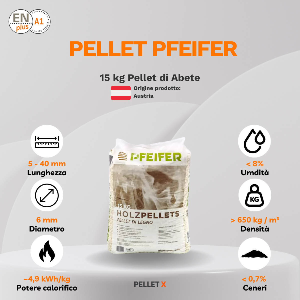 PFEIFER – Pellet 15 kg, 100% Abete, ENplus A1 - Bancale intero 72 sacchi