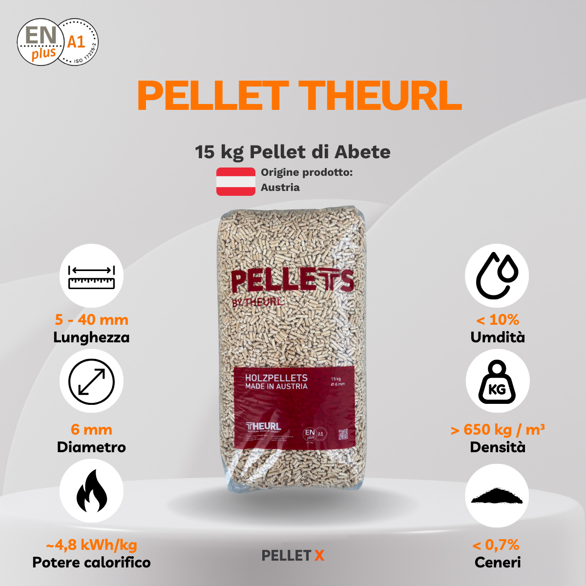 THEURL – Pellet 15 kg, 100% Abete, ENplus A1 - Bancale intero 72 sacchi