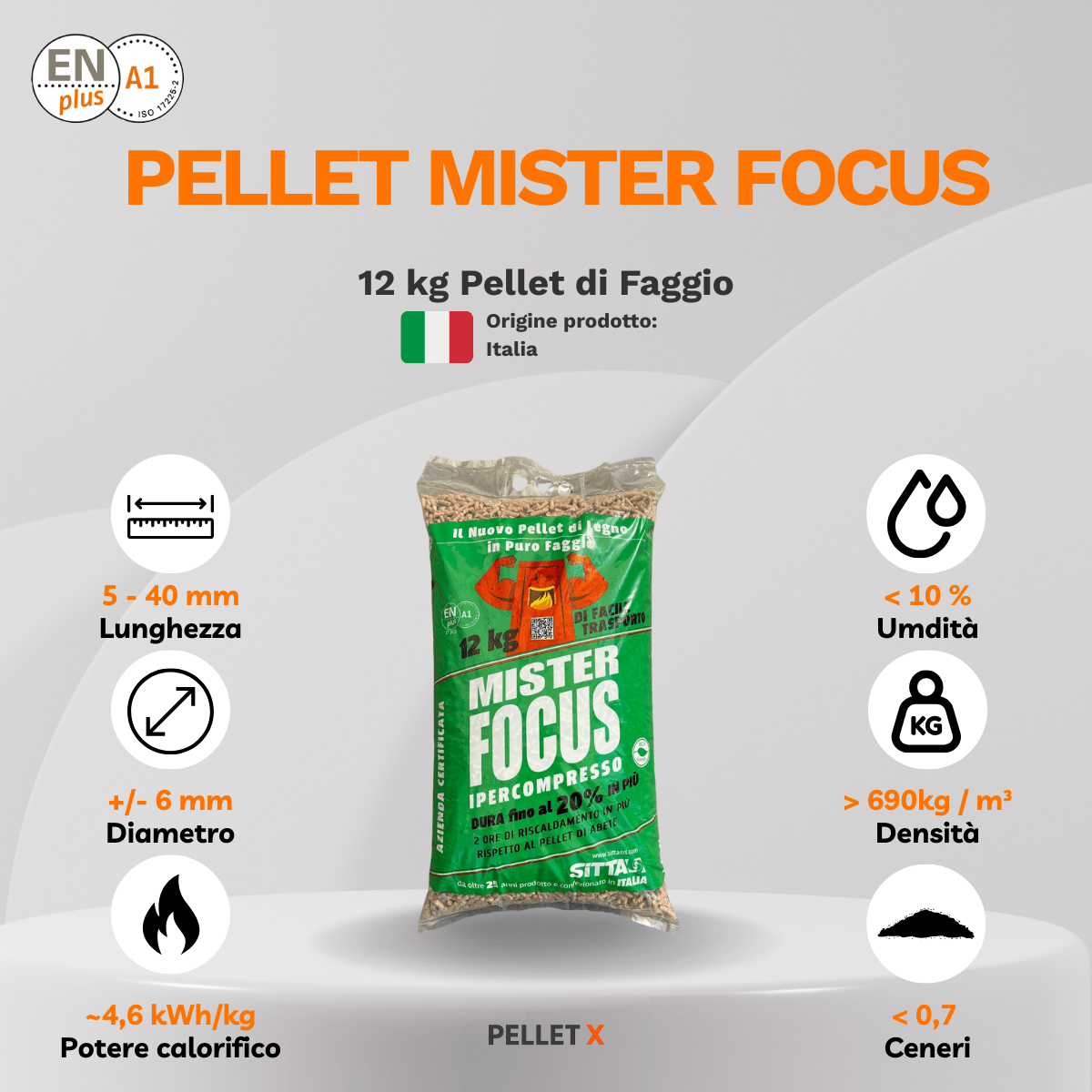 Pellet MISTER FOCUS 12 kg 100% Faggio ENplus A1 confezione con caratteristiche prodotto