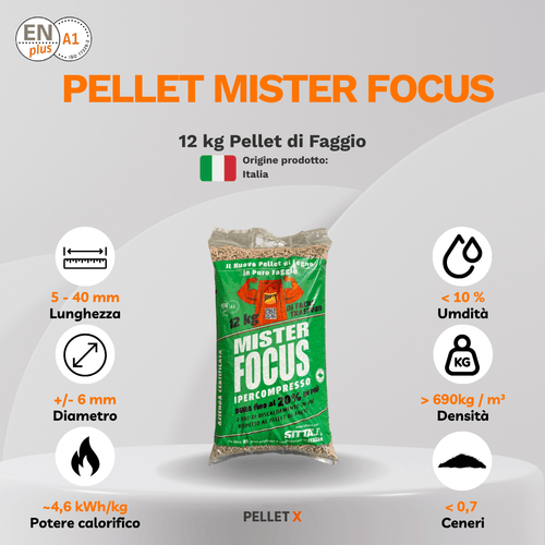 Pellet MISTER FOCUS 12 kg 100% Faggio ENplus A1 confezione con caratteristiche prodotto