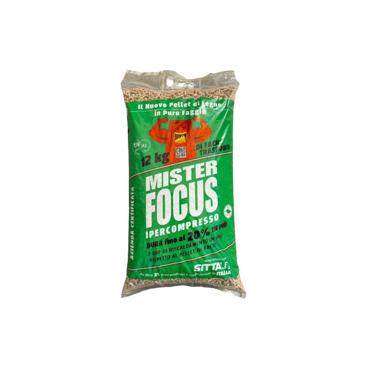 Pellet MISTER FOCUS 12 kg 100% Faggio ENplus A1 vista frontale
