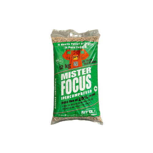 Pellet MISTER FOCUS 12 kg 100% Faggio ENplus A1 vista frontale