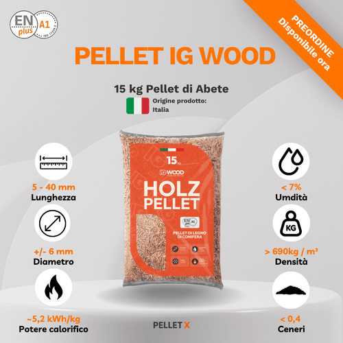 Pellet IG WOOD 15 kg 100% Abete ENplus A1 confezione con caratteristiche prodotto