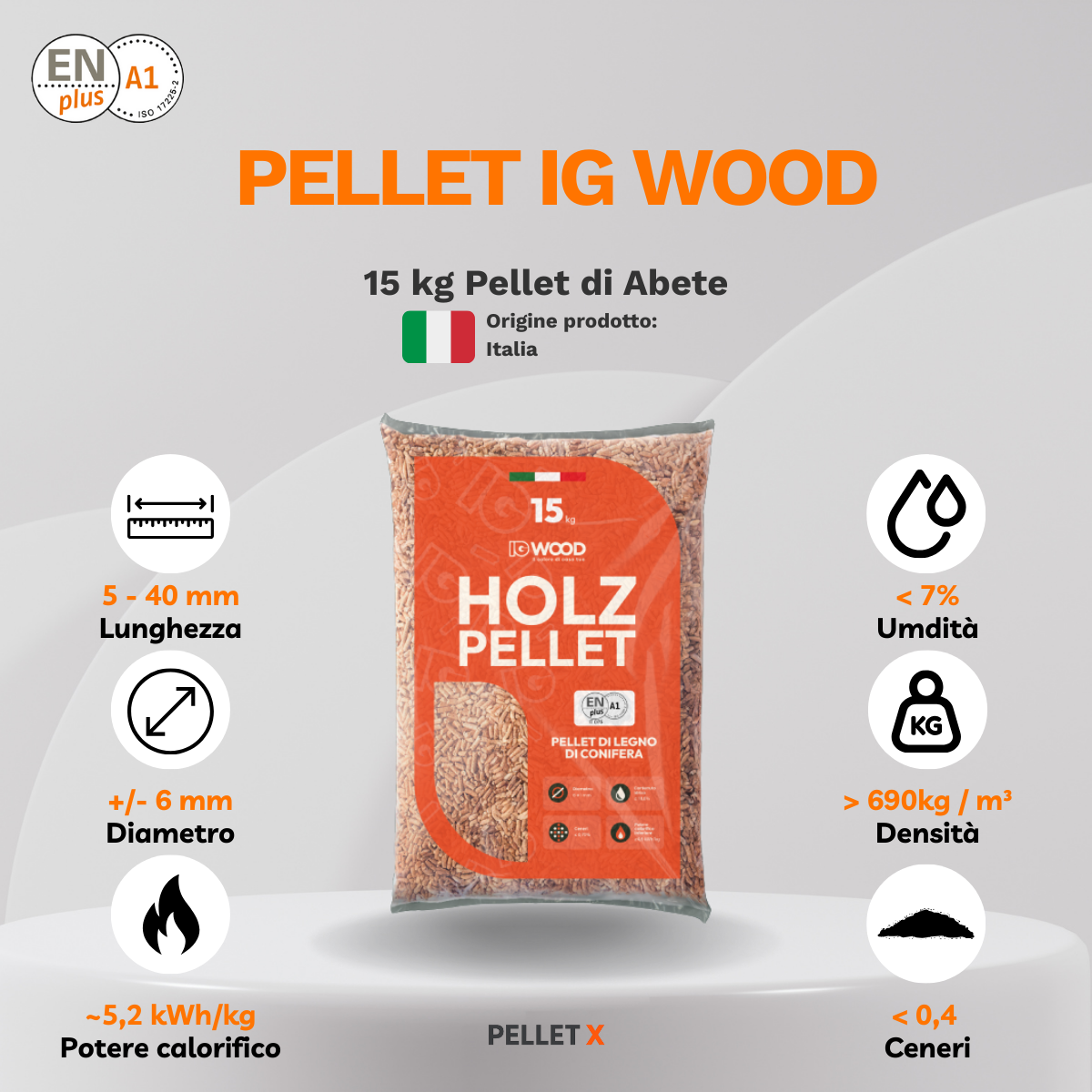 IG WOOD – Pellet 15 kg, 100% Abete, ENplus A1 - Bancale intero 75 sacchi