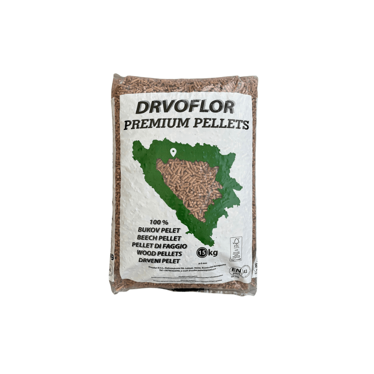 Sacco Pellet DRVOFLOR 15 kg 100% Faggio ENplus A1 vista frontale